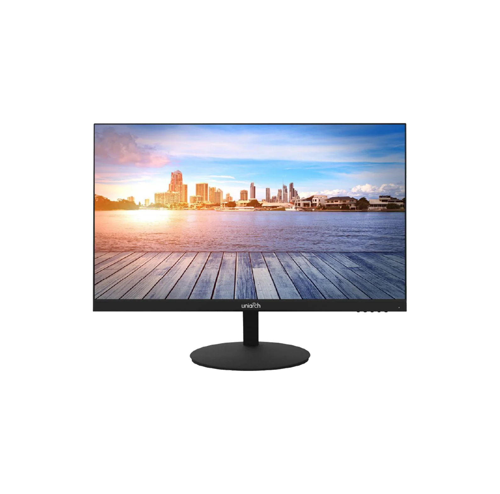 Uniarch surveillance monitor front view showing a city skyline waterfront landscape display