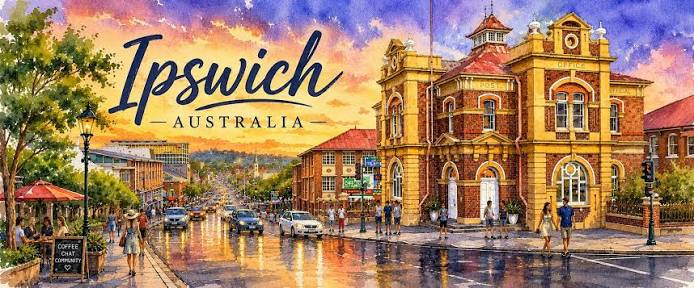 Watercolor painting illustration of Ipswich Australia streetscape featuring the historic Old Post Office building at sunset