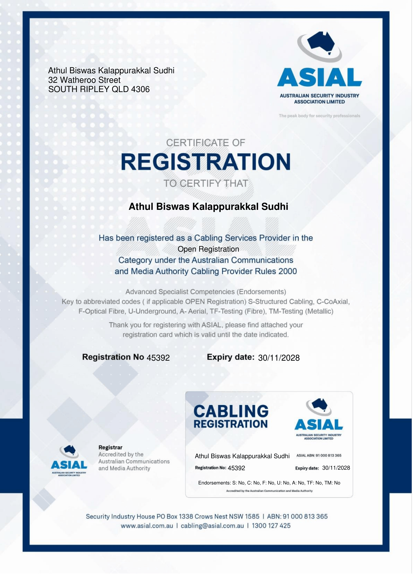 ASIAL ACMA Open Cabling Registration Certificate issued to Athul Biswas of Fortifier