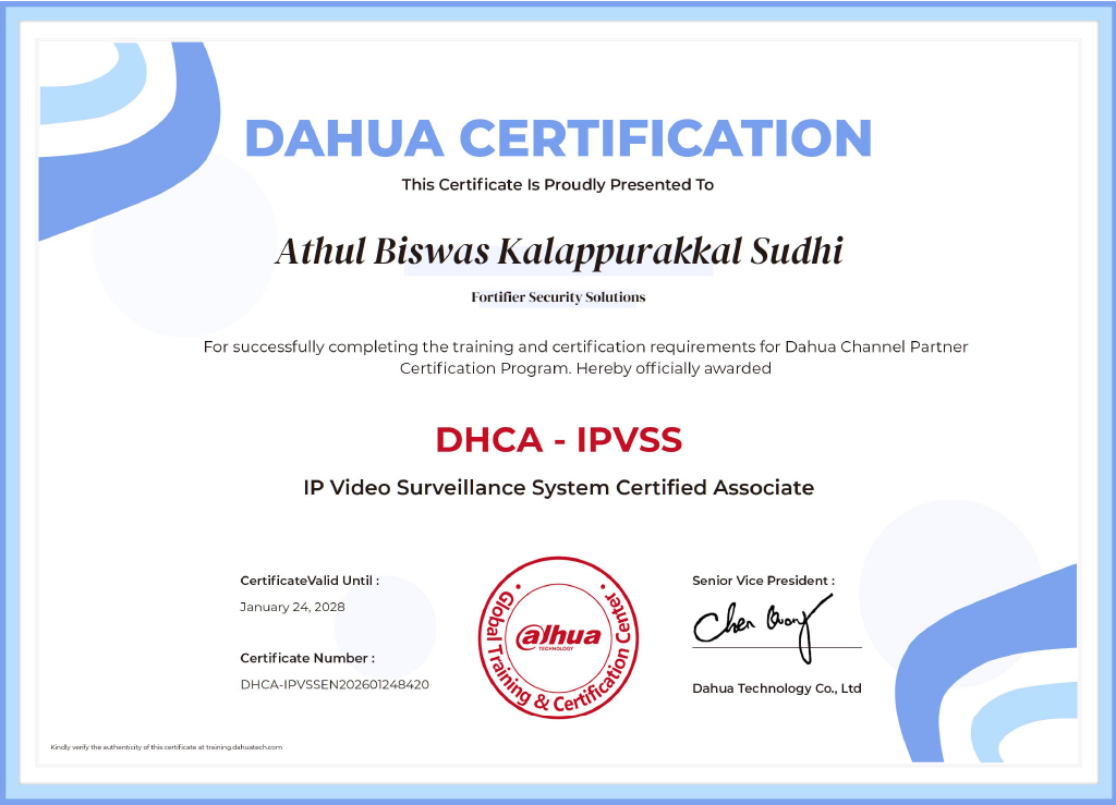 Dahua DHCA IPVSS IP Video Surveillance System Certified Associate Certificate issued to Athul Biswas of Fortifier