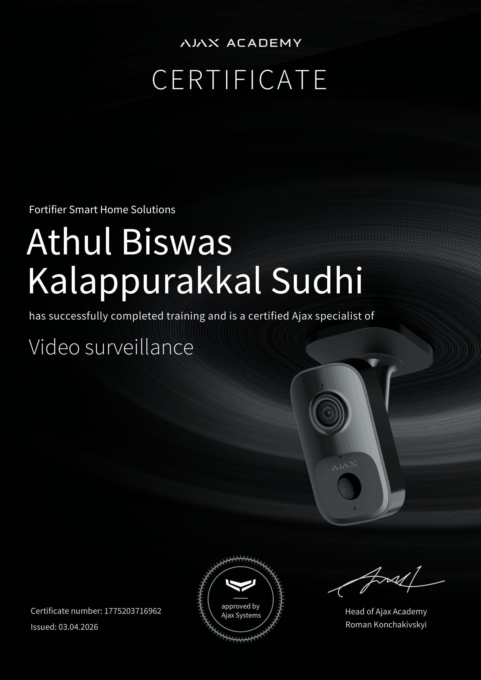 Ajax Academy Video Surveillance Certificate issued to Athul Biswas of Fortifier