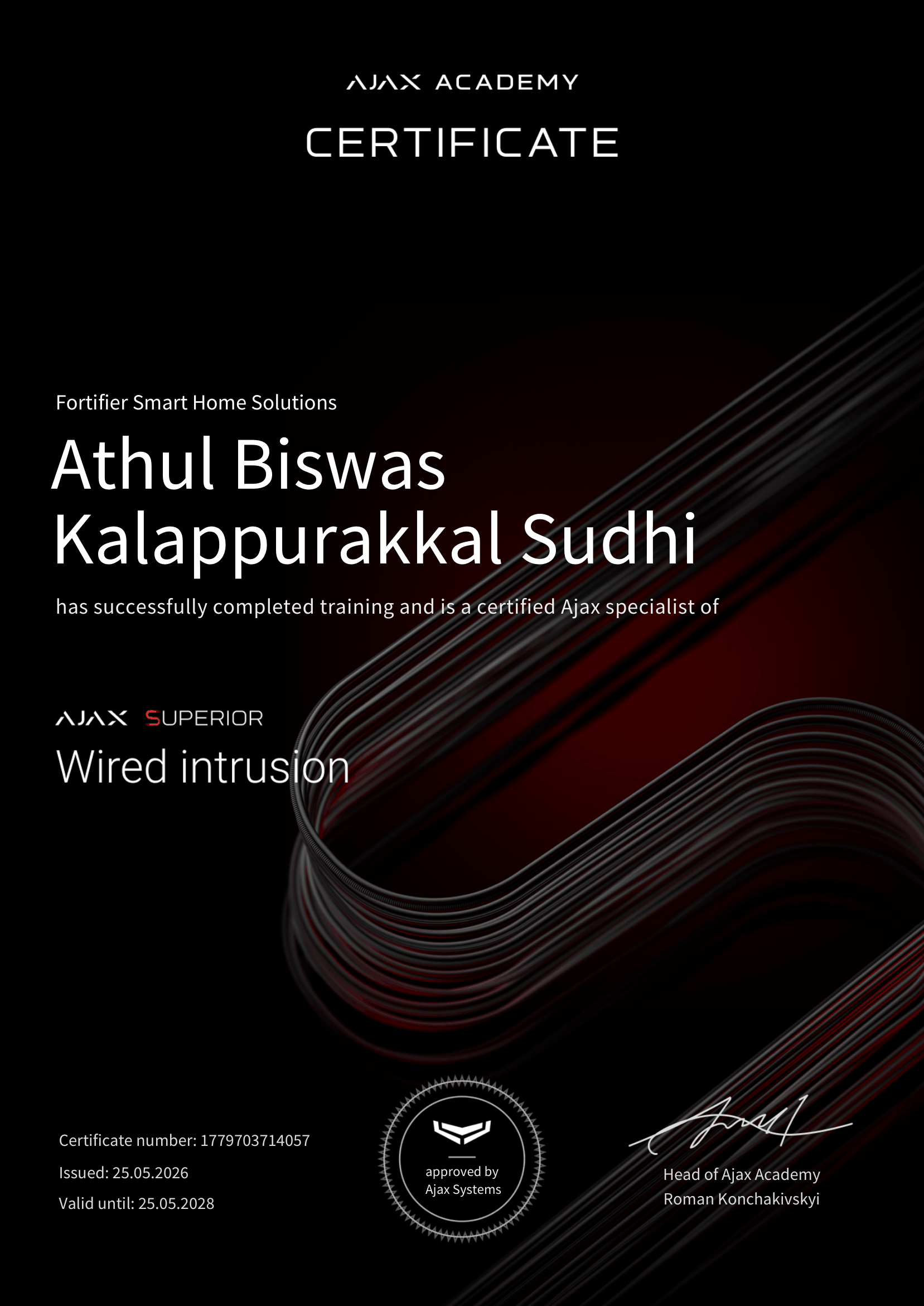 Ajax Academy Superior Wired Intrusion Certificate issued to Athul Biswas of Fortifier