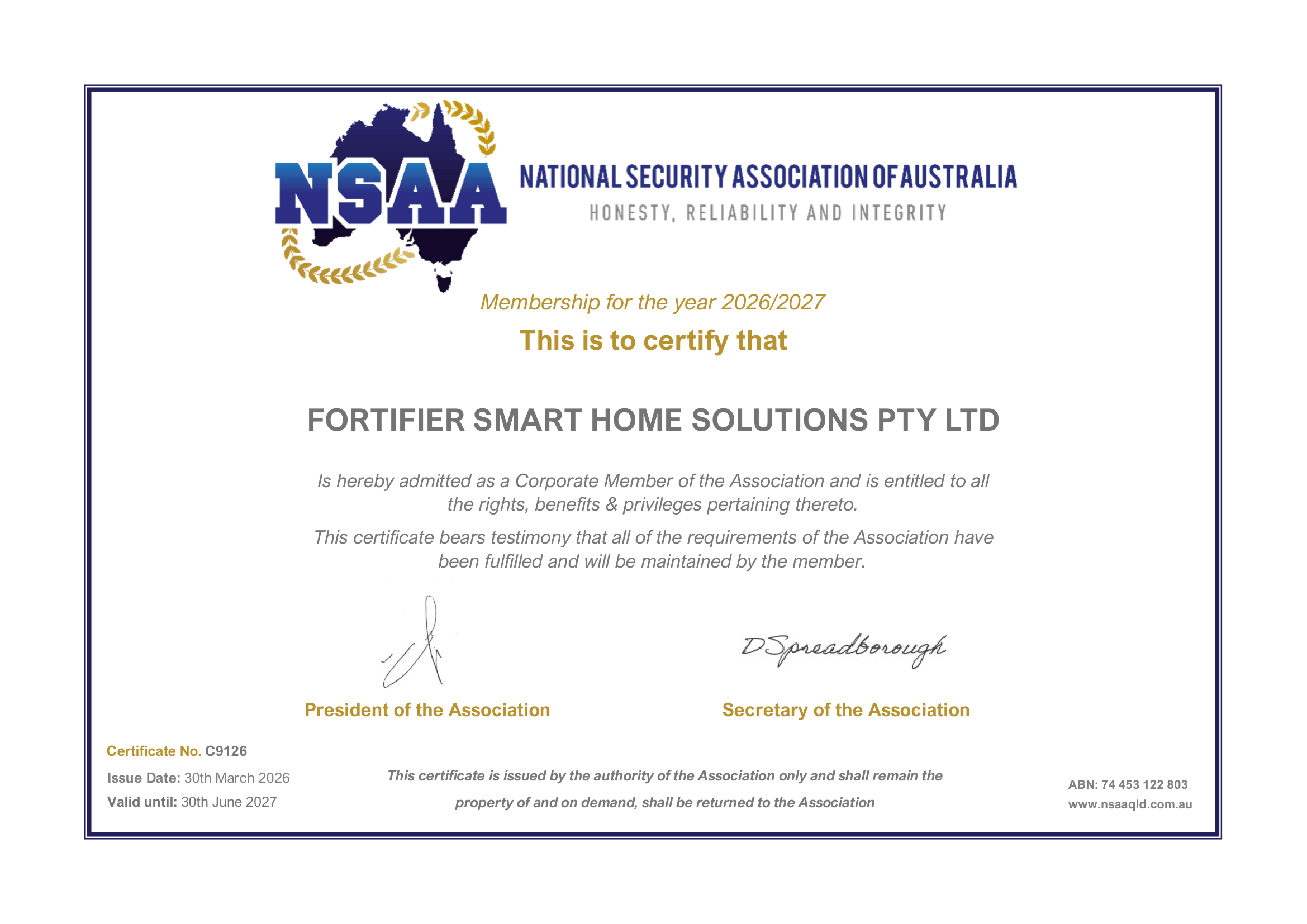 National Security Association of Australia Corporate Membership Certificate for Fortifier Smart Home Solutions Pty Ltd