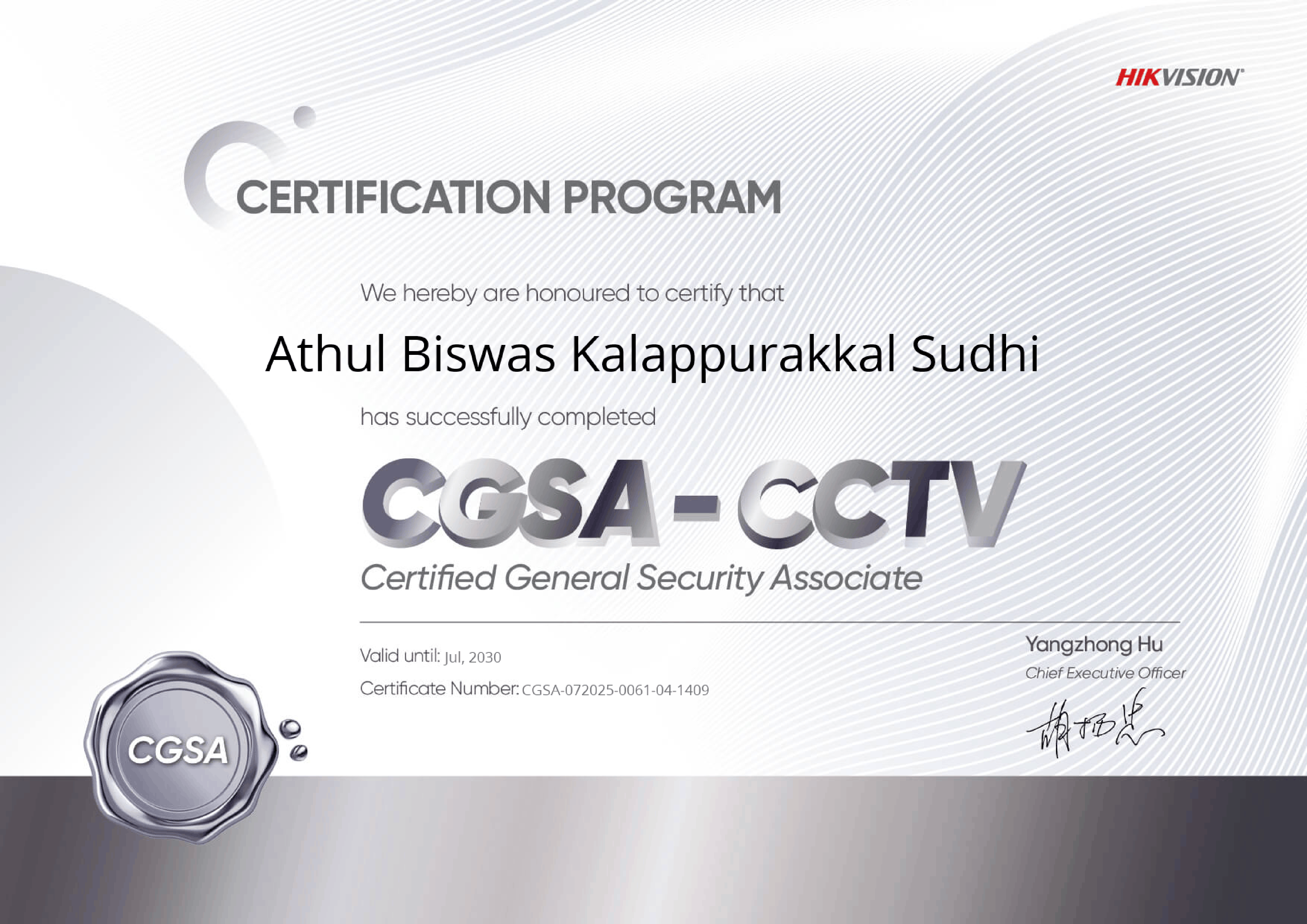 Hikvision Certified General Security Associate CGSA CCTV Certificate issued to Athul Biswas of Fortifier