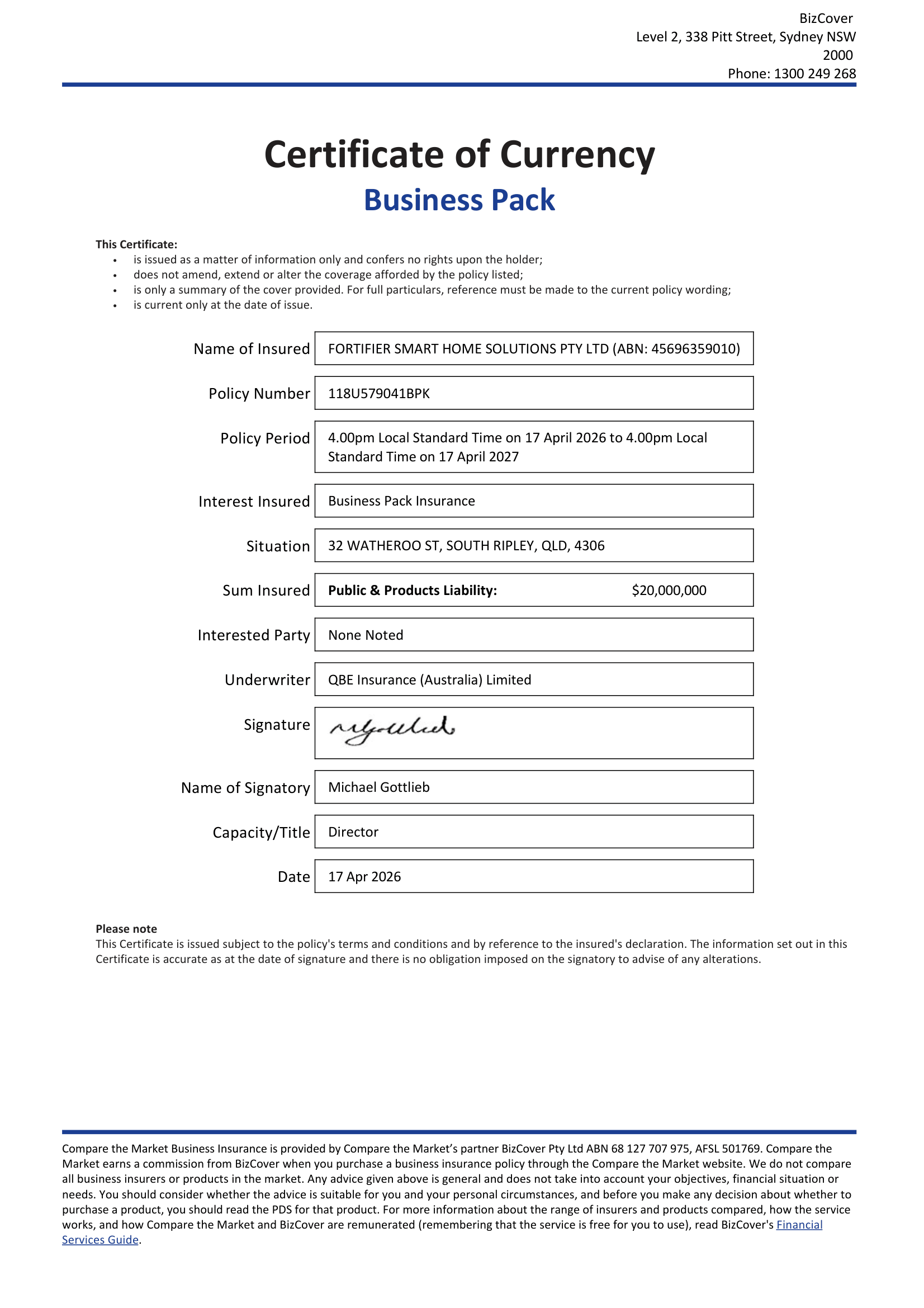 Public Liability Insurance Certificate of Currency for Fortifier Smart Home Solutions Pty Ltd showing 20 Million Dollars cover